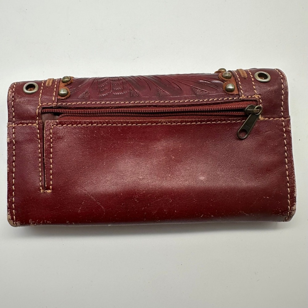 American West Wallet Burgundy Brown Floral Tooled Studded Leather Trifold - Picture 2 of 11